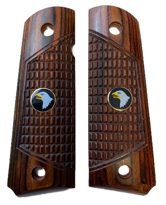 1911 Full Size Checkered Rosewood Combat Grips w/ Screaming Eagle Medallions