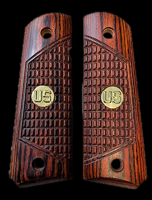 1911 Full Size Checkered Rosewood Combat Grips w/ US Medallions - Gold