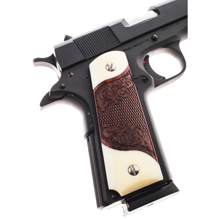 thumbnail image 2 of Faux Ivory & Rosewood 1911 Grips – Fits All Government Models (Carved Design) 2 of 6