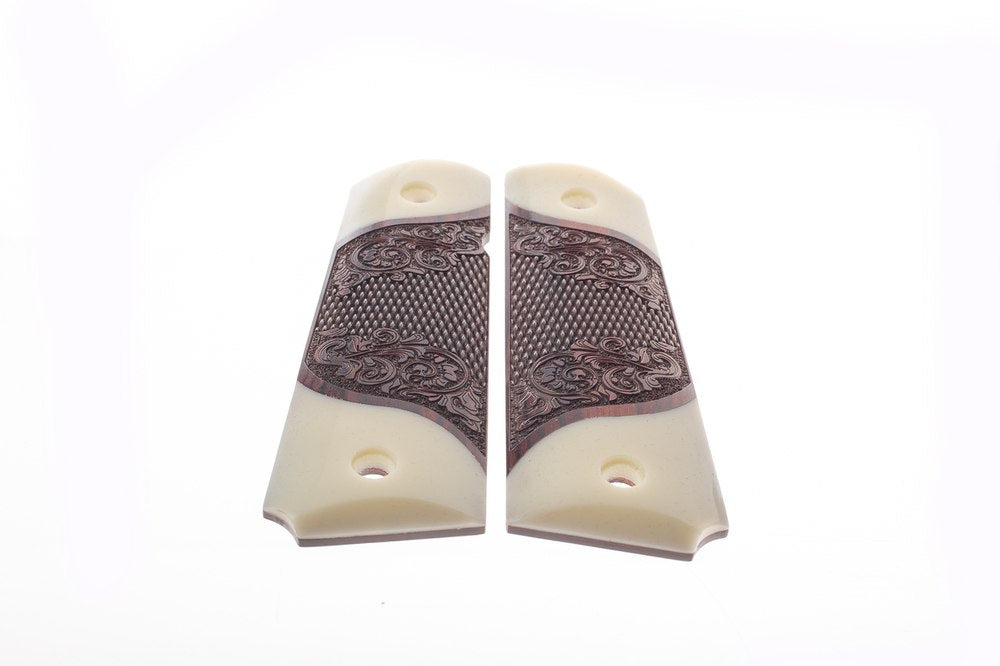 **1911 Full Size Checkered & Engraved Rosewood Grips w/ Acrylic Ivory Accents - 2X