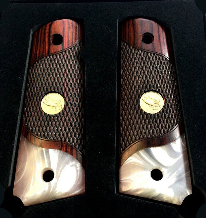 1911 Full Size Checkered Rosewood Grips Pearl Accent w/ Eagle Logo Gold