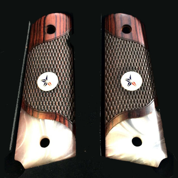 1911 Full Size Checkered Rosewood Grips Pearl Accent w/ Texas Star Medallions
