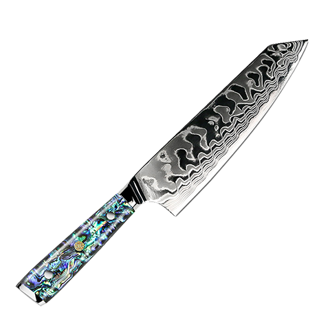 Awabi Kiritsuke Knife - Complete Knife with Abalone in Resin Handles and Mosaic Pin - AUS-10 Damascus Steel