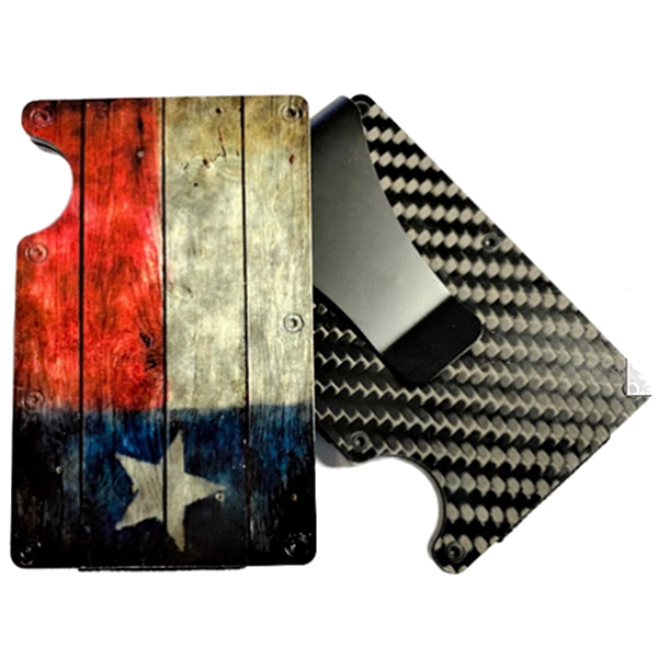 Carbon Fiber RFID Blocking wallet with Money Clip and Rustic Texas Flag picture