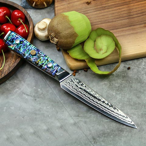 Awabi Utility Knife - Complete Knife with Abalone in Resin Handles and Mosaic Pin - AUS-10 Damascus Steel
