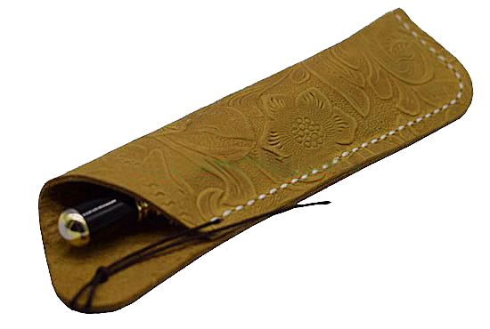 Texas Style Pen Sleeve - Handmade Leather Tooled Design -Dark Yellow