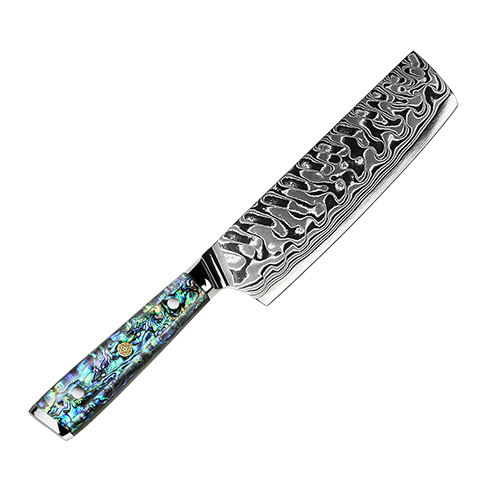 Awabi Nakiri Knife - Complete Knife with Abalone in Resin Handles and Mosaic Pin - AUS-10 Damascus Steel