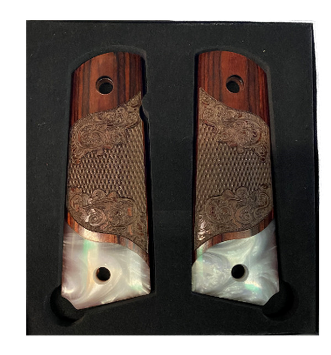 **1911 Full Size Checkered & Engraved Rosewood Grips w/ Acrylic Pearl Accents - 1x